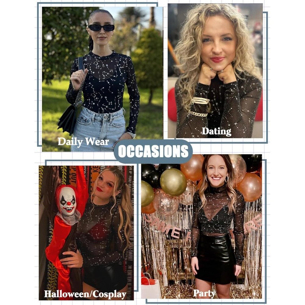 Women's Constellati Bodysuit Black Long Sleeve Bodysuit Round Neck Sheer Leotard - Picture 5 of 9